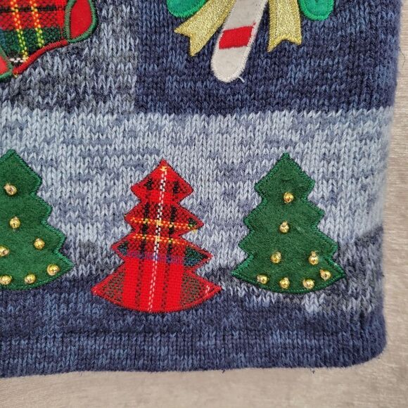 Heirloom Collectibles Y2K Embellished Christmas Sweater Zip Vest Blue Tartan - Picture 5 of 10